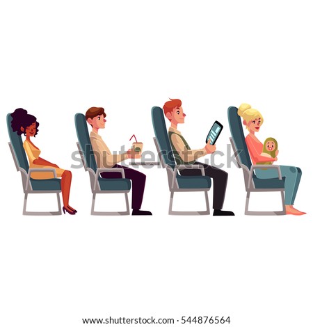 Various passengers, man and women in airplane seats, cartoon vector illustration on white background. Airplane seats occupied by men, drinking and reading, and women, sleeping and lulling a baby