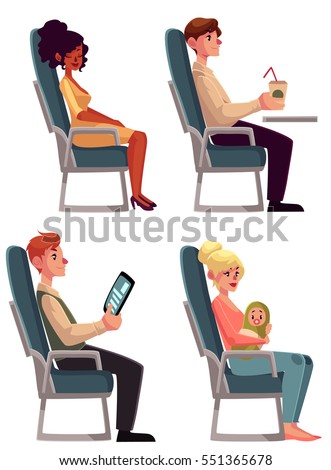 Various passengers, man and women in airplane seats, cartoon vector illustration on white background. Airplane seats occupied by men, drinking and reading, and women, sleeping and lulling a baby
