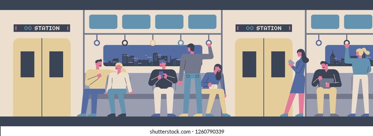 Varios pasajeros en el metro. ilustración conceptual. estilo gráfico vectorial de diseño plano.