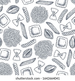 Various pasta seamless pattern. Engraved style illustration. Different kind of classic pasta. Vector illustration