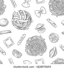 Various pasta seamless pattern. Engraved style illustration. Different kind of classic pasta. Vector illustration