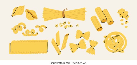 Various pasta types set. Shapes of noodles like spaghetti, linguine, shell, farfalle, kanelone, lasagne, elbows, fettuccine, macaroni, penne, rigatoni. Italian homemade food concept. Isolated vector 