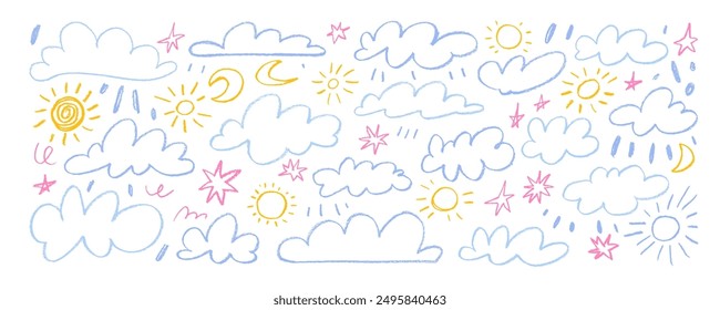 Verschiedene pastellfarbene umrissene Buntstiftwolken, Sonne, Mond, Sterne und Schnörkel im Kinderstil. Handgezeichnete kindliche mädchenhafte Vektorelemente. Witterungssymbole mit Doodle-Bleistift. Niedliche lineare Vektorwolken.