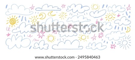 Various pastel colored outlined crayon clouds, sun, moon, stars and squiggles in kid's style. Hand drawn childish girly style vector elements. Doodle pencil weather icons. Cute linear vector clouds.