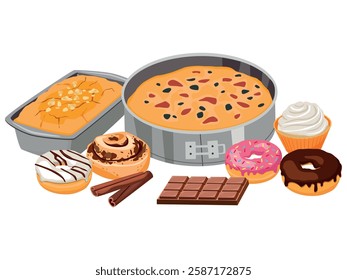 Various pastries from dough. Homemade cakes. Cartoon vector illustration