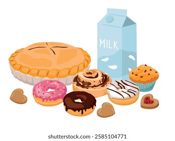 Various pastries from dough with milk. Homemade cakes. Cartoon vector illustration