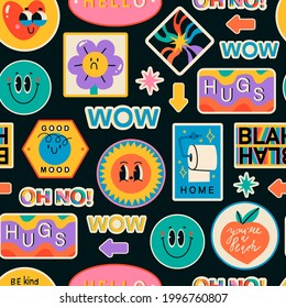 Various Patches, Pins, Stamps, Stickers. Funny cute comic Characters. Different Phrases and words. Hand drawn trendy Vector illustration. Cartoon style. Abstract square seamless Pattern, wallpaper