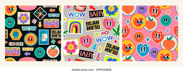Various Patches, Pins, Stamps, Stickers. Funny cute comic Characters. Different Phrases and words. Hand drawn trendy Vector illustration. Cartoon style. Set of three Abstract square seamless Patterns