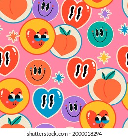 Various Patches, Pins, Stamps, Stickers. Funny cute comic Characters. Hearts, smiles, peaches. Hand drawn trendy Vector illustration. Cartoon style. Abstract square seamless Pattern, wallpaper