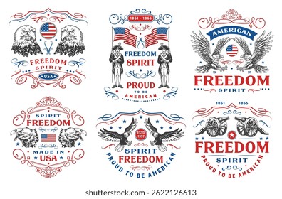 Various patriotic designs celebrate American history. Highlights include eagles flags and symbols of freedom embodying national pride and American spirit.