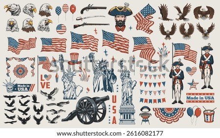 Various patriotic symbols including eagles flags and historical figures are displayed capturing the essence of national pride and celebration perfect for events honoring a country's heritage.