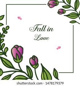 Various pattern of card fall in love, with decorative purple flower frame blossom. Vector