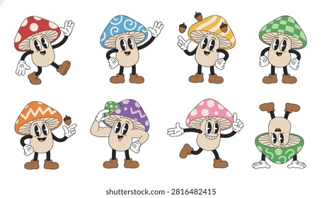 Various patterned mushroom characters featuring vibrant cap designs and diverse poses on plain white background.
