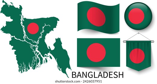 The various patterns of the Bangladesh national flags and the map of Bangladesh's borders