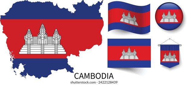 The various patterns of the Cambodia national flags and the map of the Cambodia borders