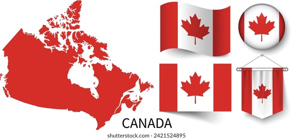 The various patterns of the Canada national flags and the map of the Canada borders