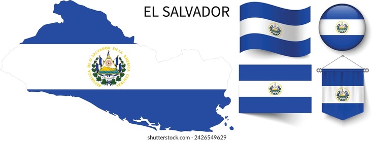 The various patterns of the El Salvador national flags and the map of El Salvador's borders