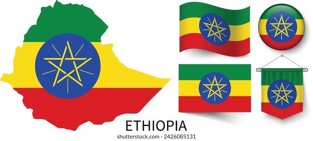 The various patterns of the Ethiopia national flags and the map of Ethiopia's borders