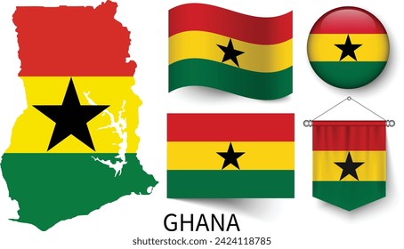 Los diversos patrones de las banderas nacionales de Ghana y el mapa de las fronteras de Ghana