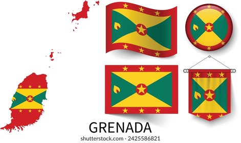 The various patterns of the Grenada national flags and the map of Grenada's borders