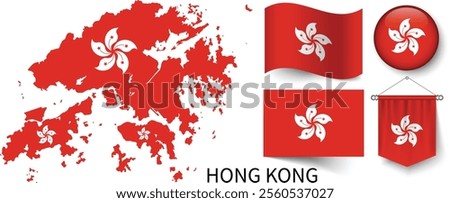 The various patterns of Hong Kong national flags and the map of Hong Kong's borders