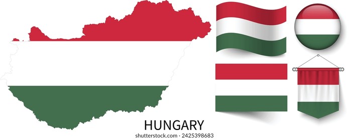 The various patterns of the Hungary national flags and the map of Hungary's borders