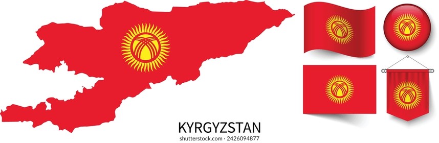 The various patterns of the Kyrgyzstan national flags and the map of Kyrgyzstan's borders