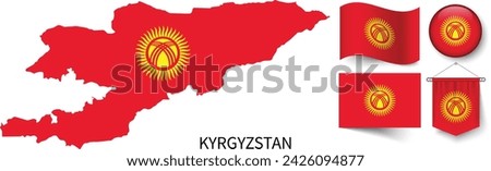 The various patterns of the Kyrgyzstan national flags and the map of Kyrgyzstan's borders