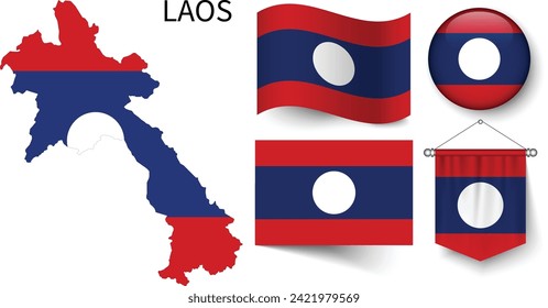 Los diferentes patrones de las banderas nacionales de Laos y el mapa de las fronteras de Laos