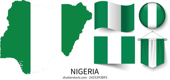 The various patterns of the Nigeria national flags and the map of Nigeria's borders