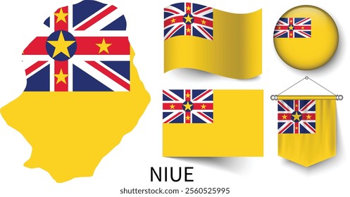 The various patterns of Niue national flags and the map of Niue's borders