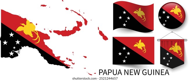 The various patterns of Papua New Guinea national flags and the map of Papua New Guinea's borders