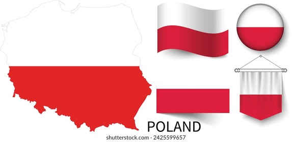 Die verschiedenen Muster der polnischen Nationalflaggen und die Karte der polnischen Grenzen