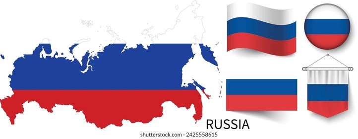 The various patterns of the Russia national flags and the map of Russia's borders