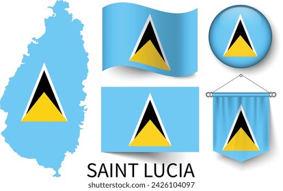 The various patterns of the Saint Lucia national flags and the map of Saint Lucia's borders