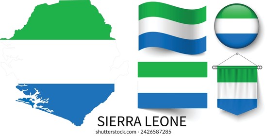 The various patterns of the Sierra Leone national flags and the map of Sierra Leone's borders