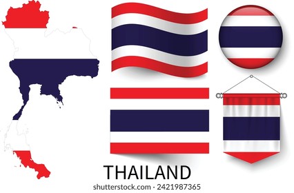 Los diversos patrones de las banderas nacionales de Tailandia y el mapa de las fronteras de Tailandia