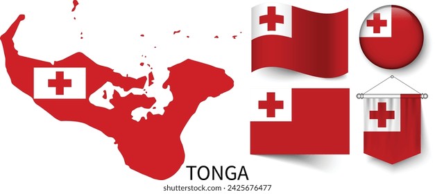 The various patterns of the Tonga national flags and the map of Tonga's borders