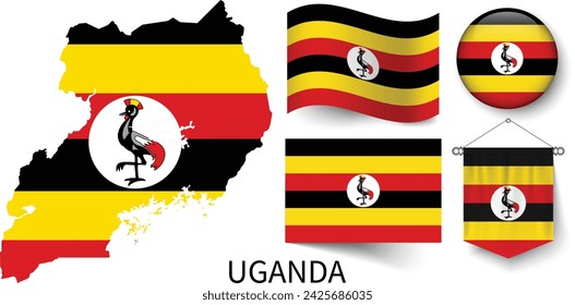 The various patterns of the Uganda national flags and the map of Uganda's borders