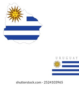 Os vários padrões das bandeiras nacionais do Uruguai e o mapa das fronteiras do Uruguai . Bandeira nacional do Uruguai .  Mapa do Uruguai . dia da independência do Uruguai . ilustração vetorial sobre fundo branco