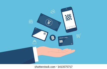 various  payment concept,credit card,QR code,bitcoin,so on,vector illustration