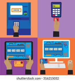 Various payment methods. Credit plastic card, online payment, ATM terminal. Elements for design.  