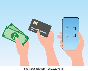 Vários métodos de pagamento, pagamento on-line e transferência de dinheiro. dinheiro, mão segurando telefone, dinheiro e cartão	
