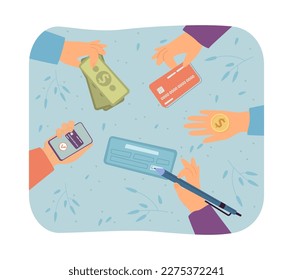 Various payment options vector illustration. Hands holding credit card, cash, phone, bank check to pay for purchase. Banking, online shopping, digital wallet, finance concept