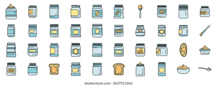 Various peanut butter jars, spoons and toasts with peanut butter, representing breakfast, snacks and healthy food
