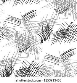 Various Pen Hatches. Seamless Black White Texture with Hand Drawn Lines. Retro Background for Cloth, Dress, Tablecloth. Vertical, Horizontal and Diagonal Strokes. Grunge Vector Texture