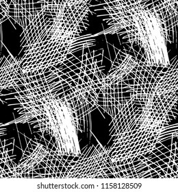 Various Pen Hatches. Seamless Black White Pattern with Chaotic Hand Drawn Lines. Trendy Background for Cloth, Wallpaper, Linen. Vertical, Horizontal and Diagonal Strokes. Grunge Vector