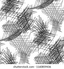 Various Pen Hatches. Seamless Black White Pattern with Chaotic Hand Drawn Lines. Trendy Background for Cloth, Dress, Tablecloth. Vertical, Horizontal and Diagonal Strokes. Grunge Vector Texture