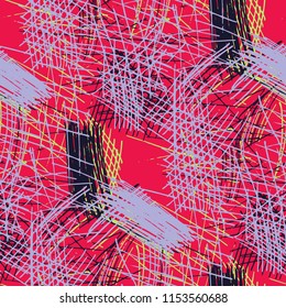 Various Pen Hatches. Seamless Pattern with chaotic Hand Drawn Lines. Modern Background for Calico, Fabric, Print. Vertical, Horizontal and Diagonal Strokes. Grunge Vector Texture