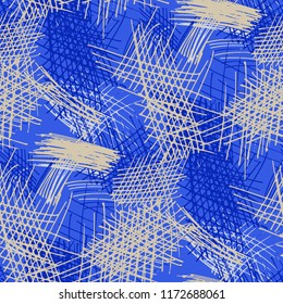 Various Pen Hatches. Seamless Pattern with chaotic Hand Drawn Lines. Trendy Background for Curtain, Shirt, Tablecloth. Vertical, Horizontal and Diagonal Strokes. Grunge Vector Texture